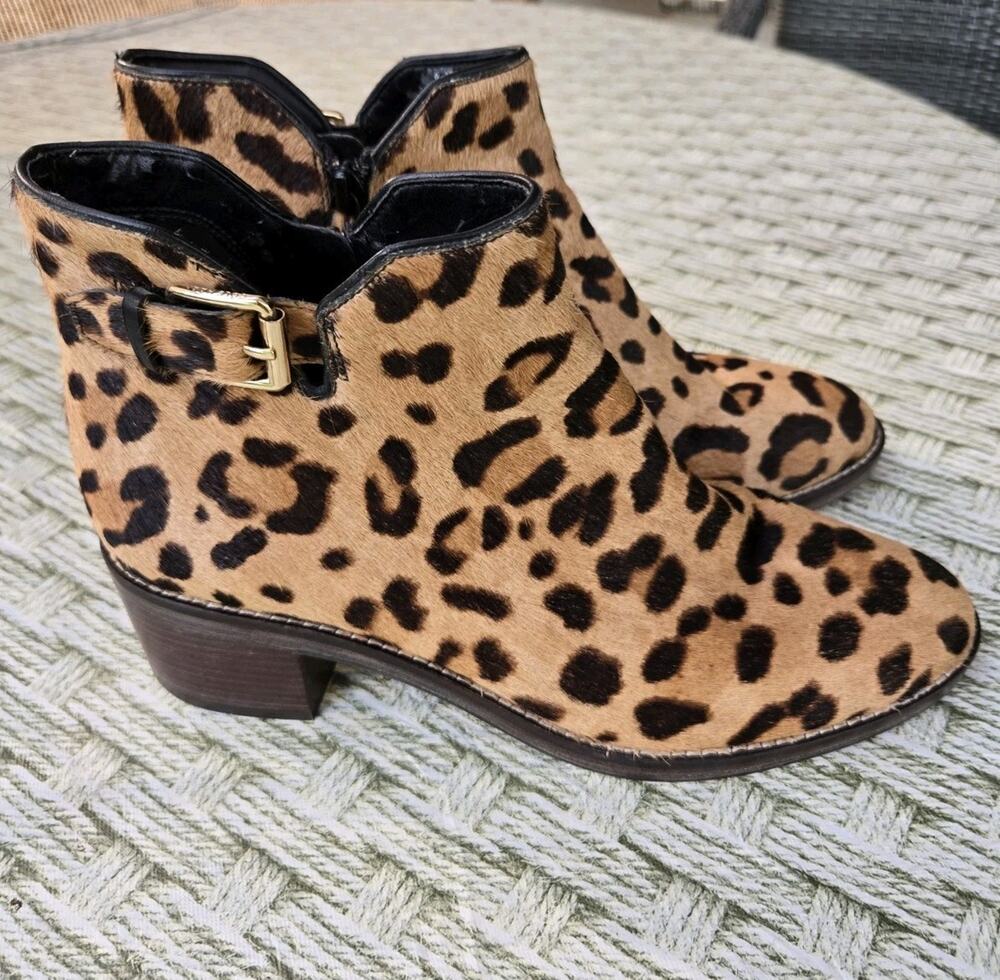 Cole Haan Grand. Leopard Print Fur Ankle Bootie Size 8B Block Heel Zipper Buckle
